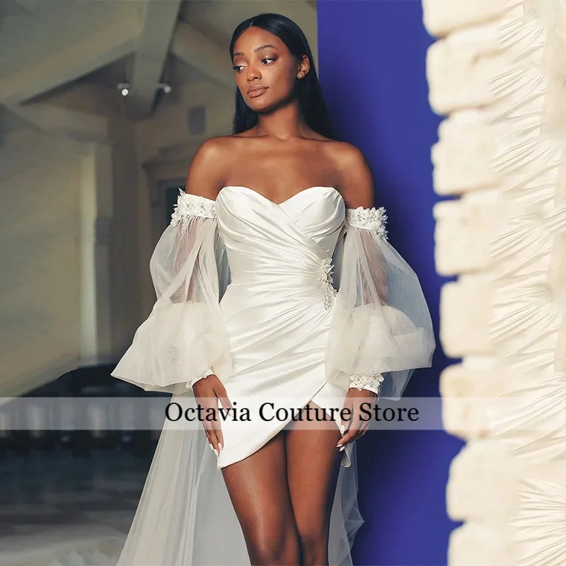 Short Sheath Sweetheart Wedding Dresses With Detachable Long Puff Sleeves Train Handmade Pleat  3d Flower Formal Party Grown