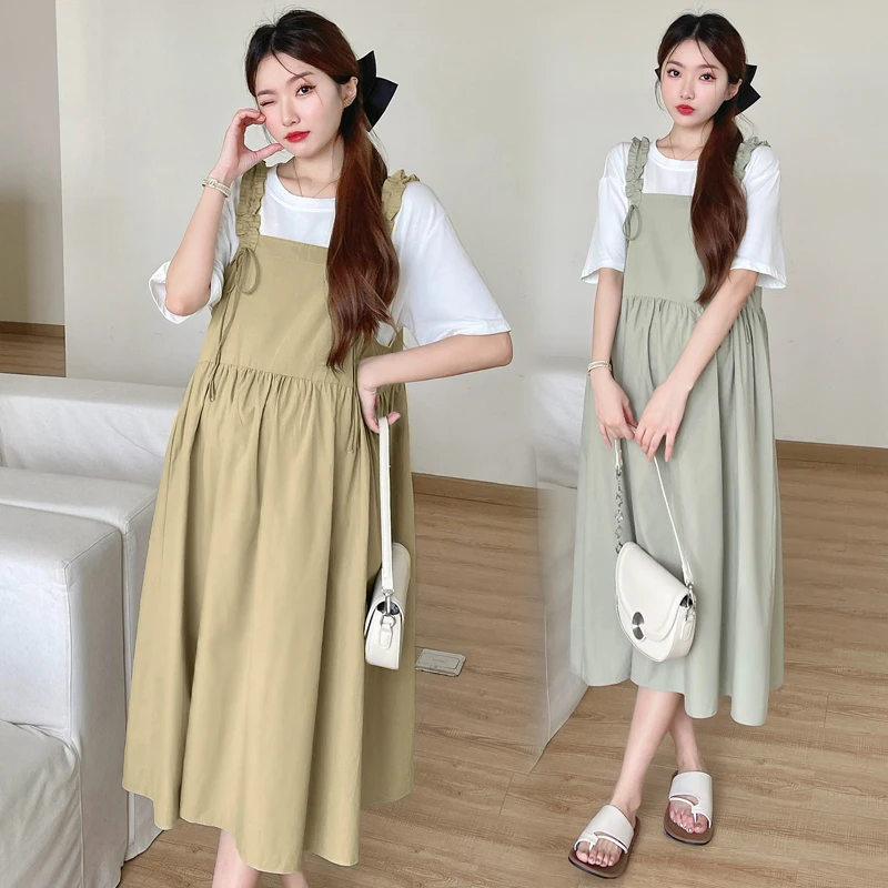 

2024 Summer Long Loose Maternity Stap Dress Sweet Ruffles Patchwork Pregnant Woman Jumpsuits Plus Size Pregnancy Suspender Dress