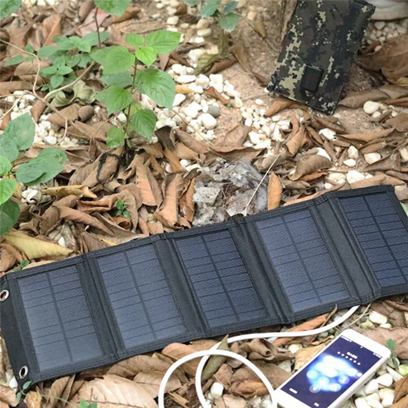 لوحة شحن بالطاقة الشمسية للهاتف الخلوي في الهواء الطلق مقاومة للماء حقيبة قابلة للطي بالطاقة الشمسية 5 شاحن شمسي قابل للطي متعدد الوظائف سهل التركيب