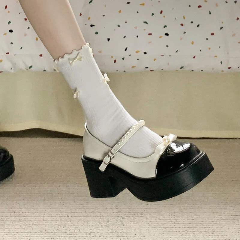 Mary Janes Thick Heel Chunky High Heels Women's Shoes 2024 New Spring  Knot Japanese Style Fashion Single Shoes