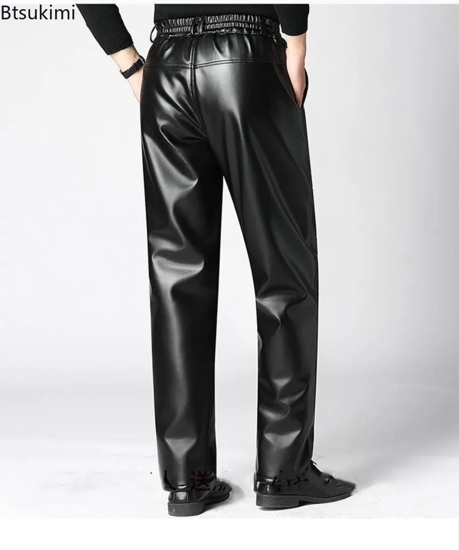 Nowe męskie ciepłe spodnie z polarową podszewką, grube, zimowe, wodoodporne, luźne, proste spodnie, wygodne spodnie motocyklowe, skórzane spodnie casualowe męskie.