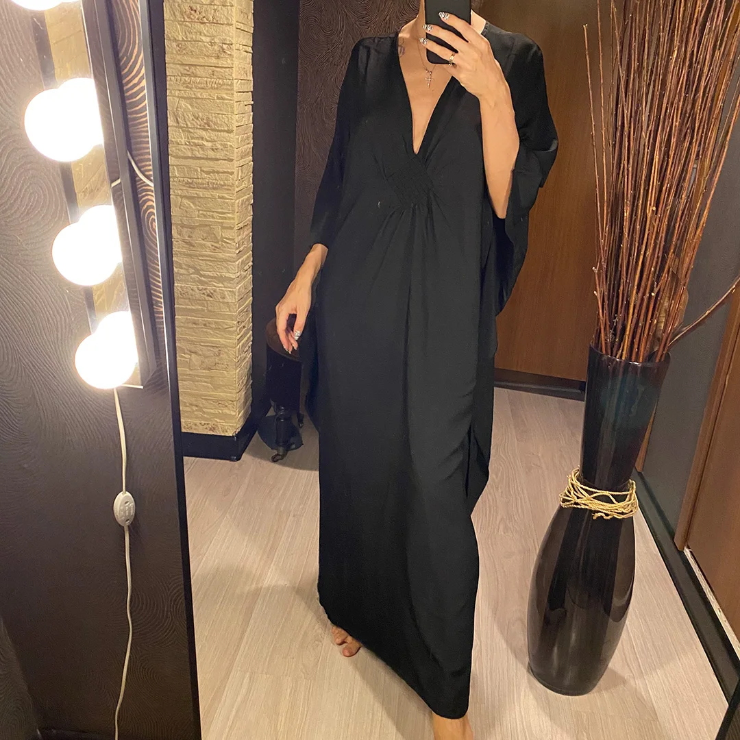Langes Kleid im Stil einer griechischen Göttin, Tunika mit Fledermausärmeln, Strandkleid, Strandtuch, Strandmode, Kaftan, Maxikleid V4427 – Detail 3