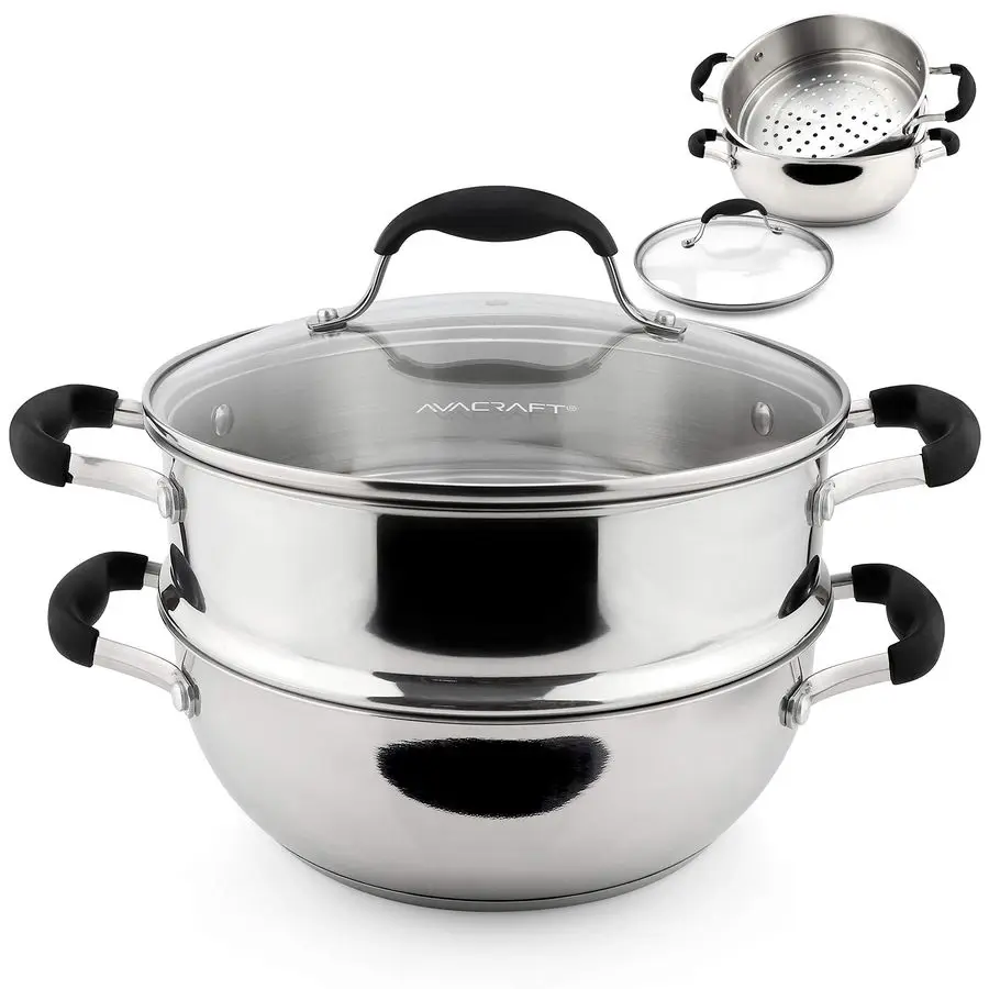 

18 10, 3 Piece Stainless Steel Steamer Cooking Pot amp Pan Set with Glass Lid, Momo Maker, Induction