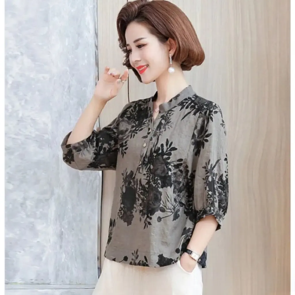 

Women's Cotton Linen Blend T-shirt Half Sleeve Fashion Top for Middle-aged And Elderly Mothers Temperament Shirt