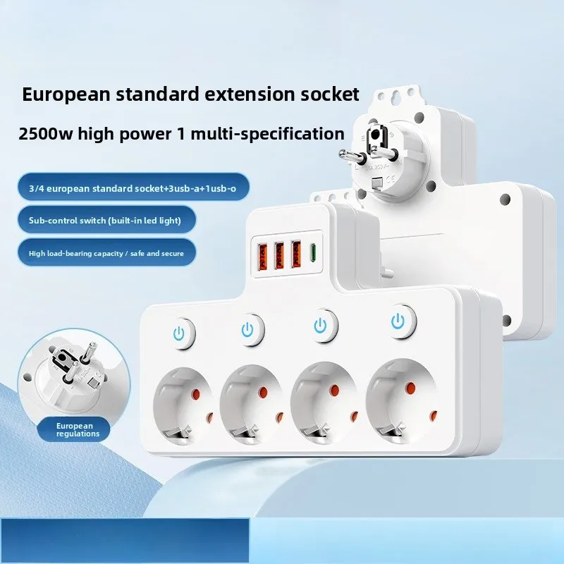 

European Standard Expansion USB Socket One To Four Plug Socket 250V European Standard Conversion Power Strip 10A