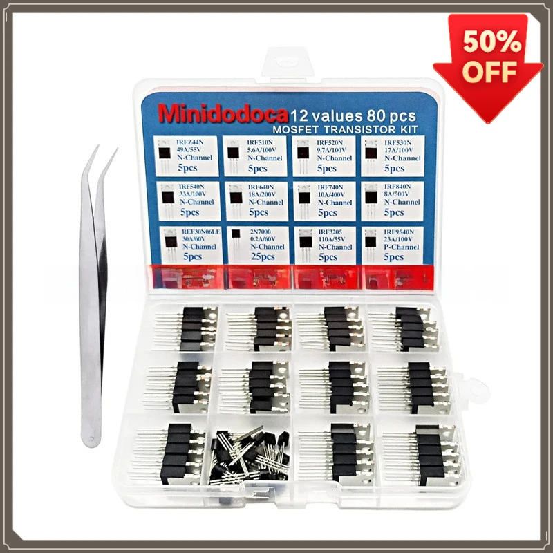 80Pcs Transistor Assortment Kit N&P Channel MOSFET IRFZ44N IRF510N Logic Level Power MOSFET Transistor Electronic Components Set