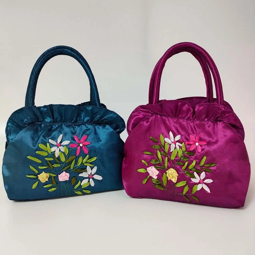 Satin Silk Embroidery Flower Handbag Ruffle Leaf Zipper Flower Wrist Bag Small Purse Wallet Shopping Bag Ethnic Style Tote Bag