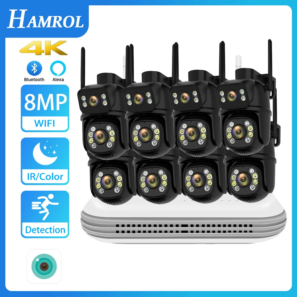 Hamrol wifi ערכת 8mp ptz כפול מצלמת IP עדשה כפולה מצלמה בית חכם בית icsee app לילה חזון nvr חיצוני 8ch cctv מערכת מצלמה