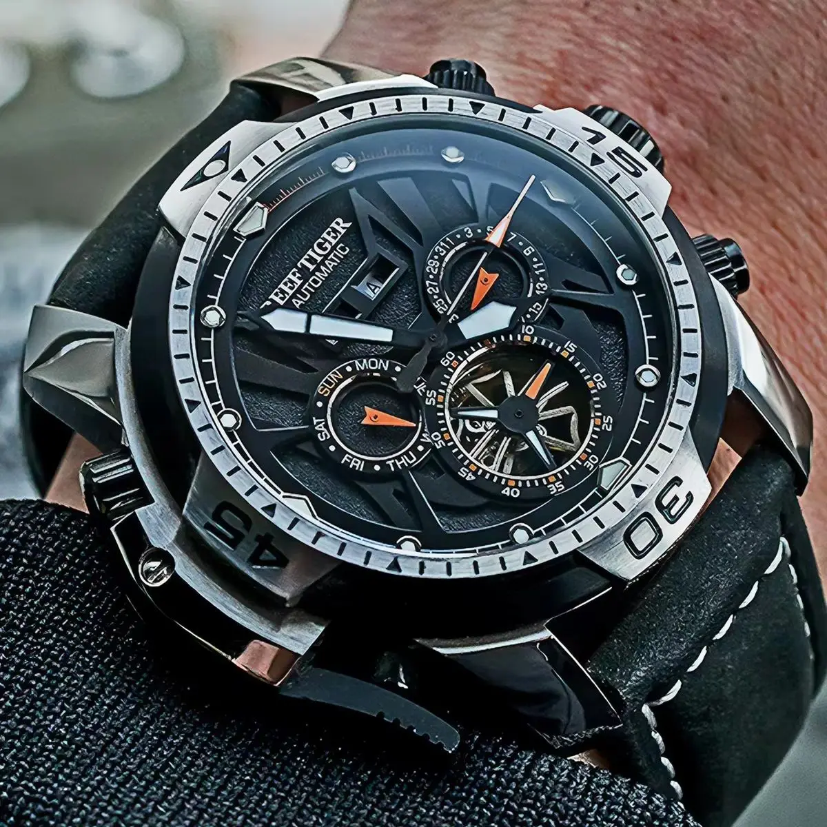 Reef Tiger Men Automatic Watch 46mm Mechanical Wristwatch Luminous Waterproof Rotatable Bezel Multi-Dial Year Month Week Date