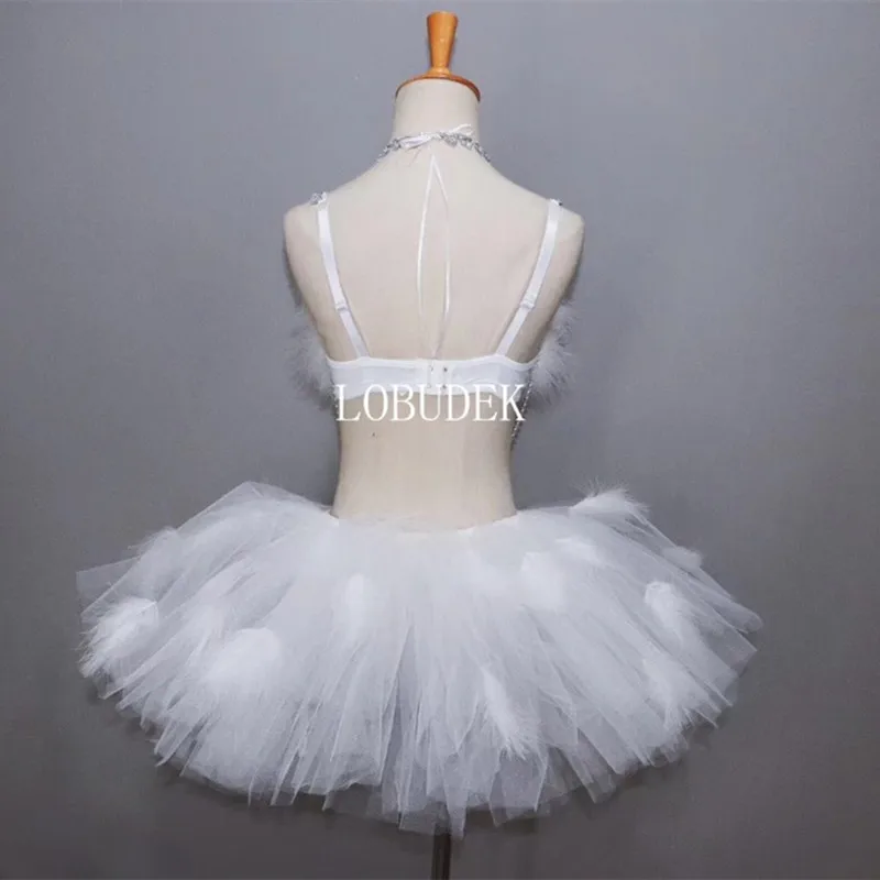 White Feather Crystals Bikini Bubble Skirt Sexy Stage Wear Nightclub Bar Performance Dance Costume Party Festival Rave Outfits