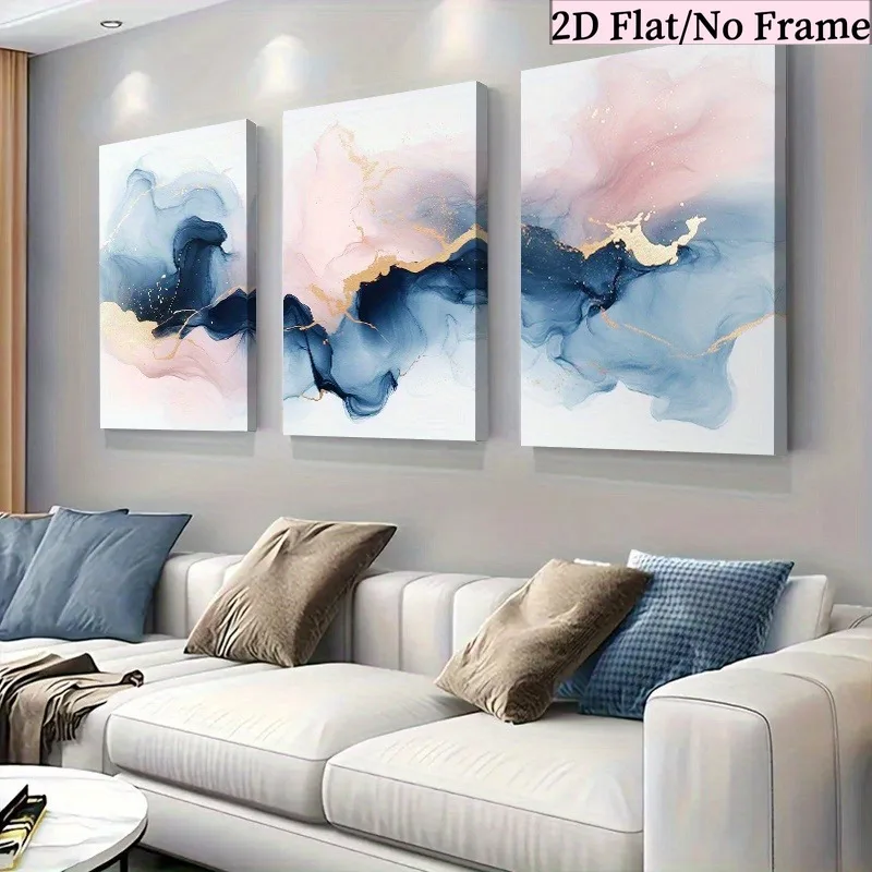（NoFrame 3pcs）-2D Flat, Set of 3 Abstract Ink Paintings in 2D Flat Blue, Pink, and Golden Tones, Perfect as a Holiday Gift to