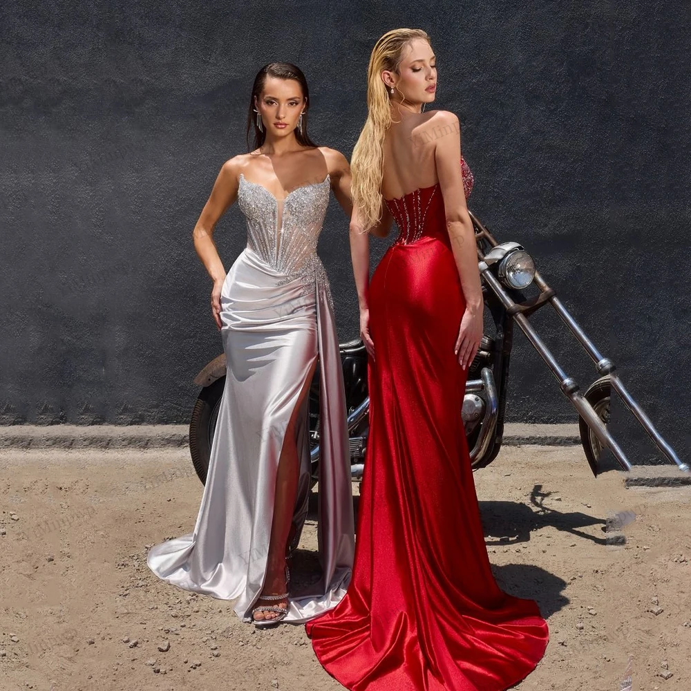 럭셔리 이브닝 드레스 2025 스트랩리스 머메이드 새틴 파티 드레스 트레인 사이드 슬릿 포함 맞춤형