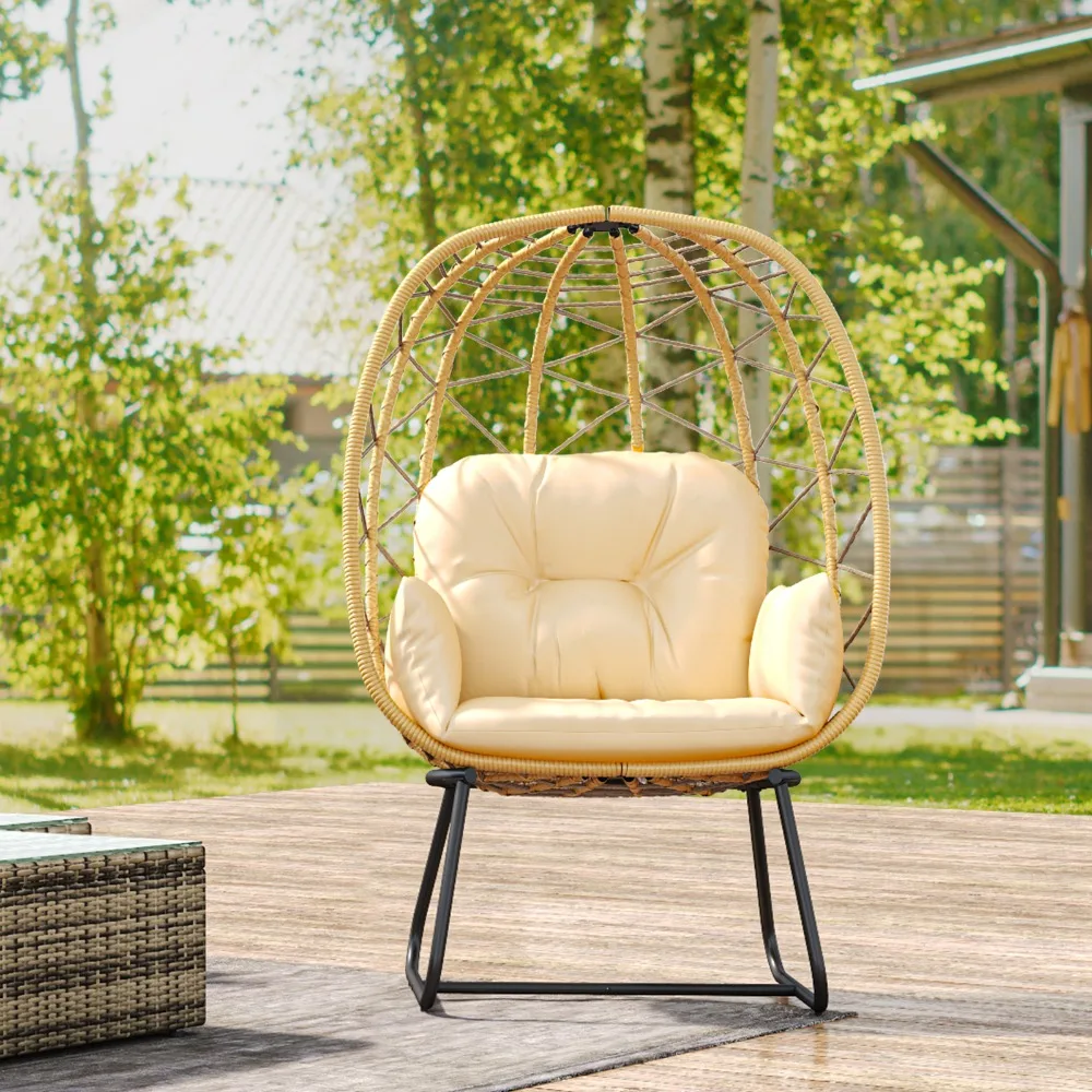 

Egg Chair Freestanding Patio Wicker Oversized Lounger w/ Cushion Beige