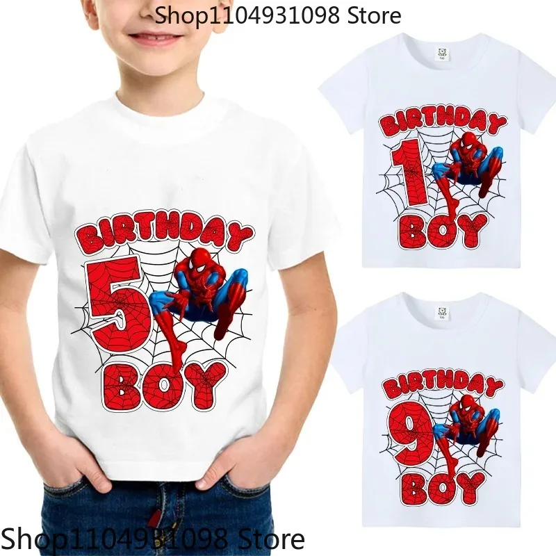 Marvel Spider-Man Summer T-shirt 1-9 Years Old Birthday Number Style Children's Boy Girl Short-sleeved Party Shirt As A Gift Top
