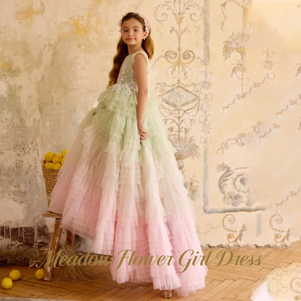 Meadow Green Pink Gradient   Flower Girl Dress Round Neck Sleeveless Kids Birthday Party Dress with 3D FlorTutu Fluffy Prom Gown