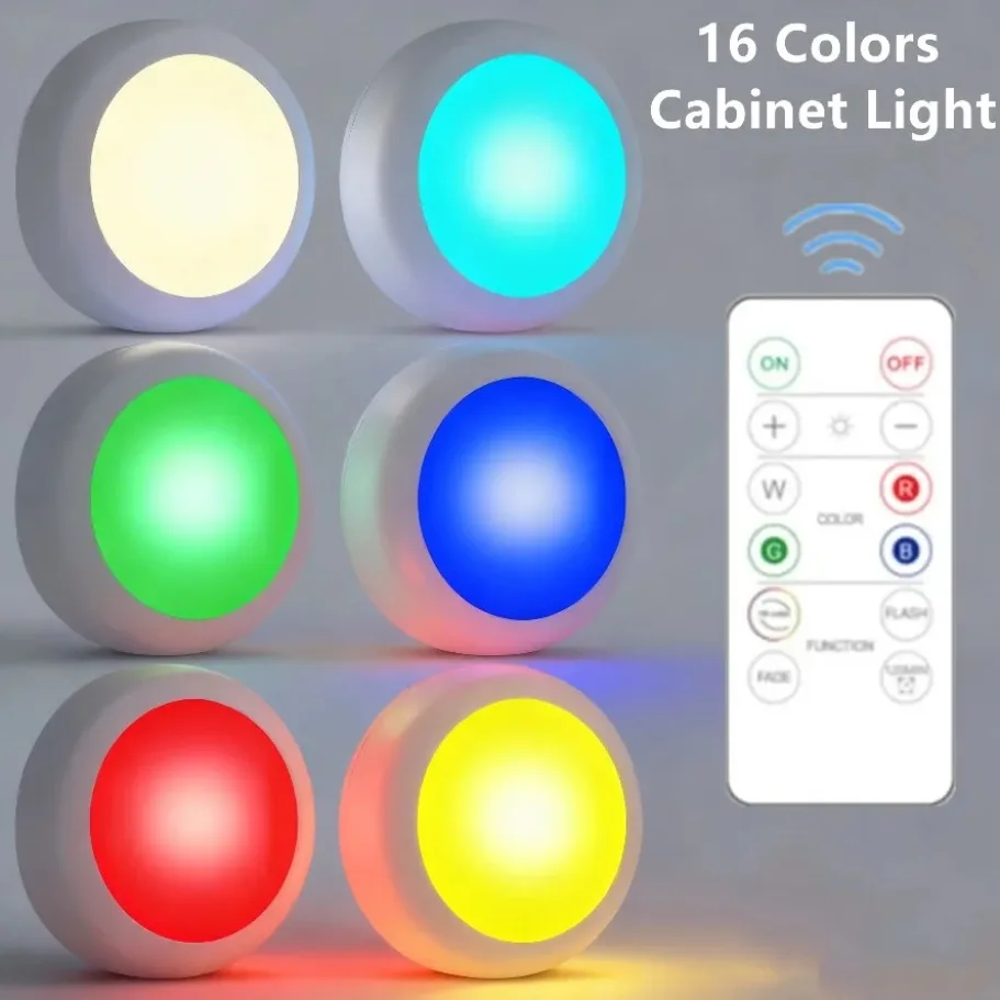 1 Set Multiple Controls 16 Colors Cabinet Light Dimmable LED Round Night Light Portable Cabinet Kitchen Closet Lamps with Remote
