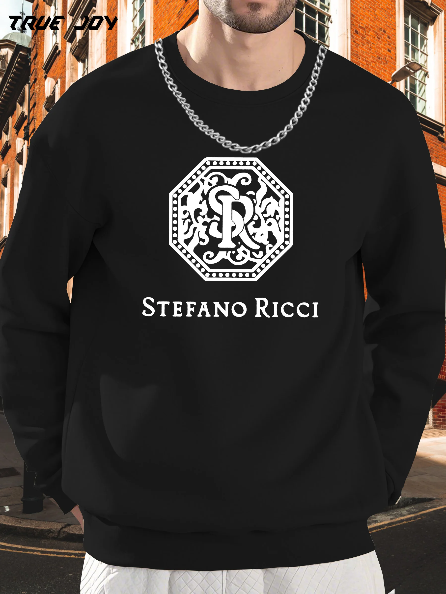 

Stefano Ricci Мужская повседневная толстовка с круглым вырезом с длинными рукавами — бежевый с черным логотипом, свободная посадка, идеально подходит для весны