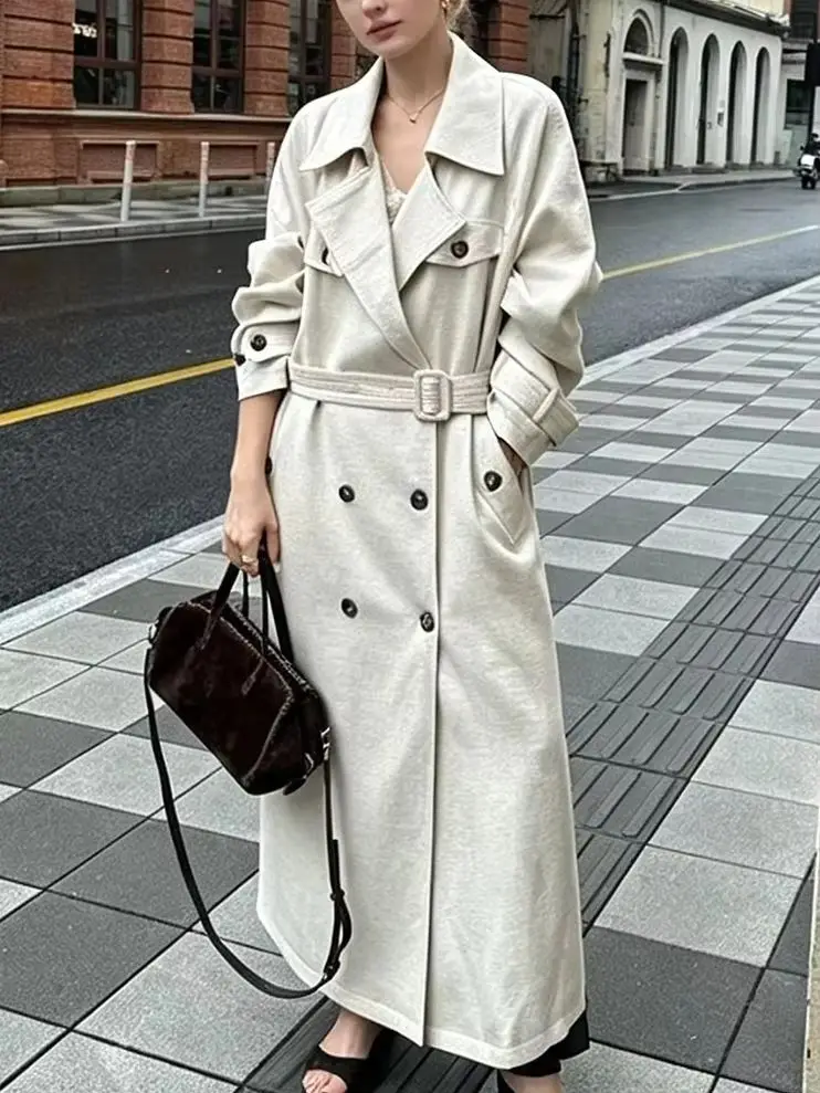 LIMO Women Double Linen Breasted Trench Coat Lapel Collar  Loose Long Outerwear Casual  Texture Windproof Mid Length Overcoat