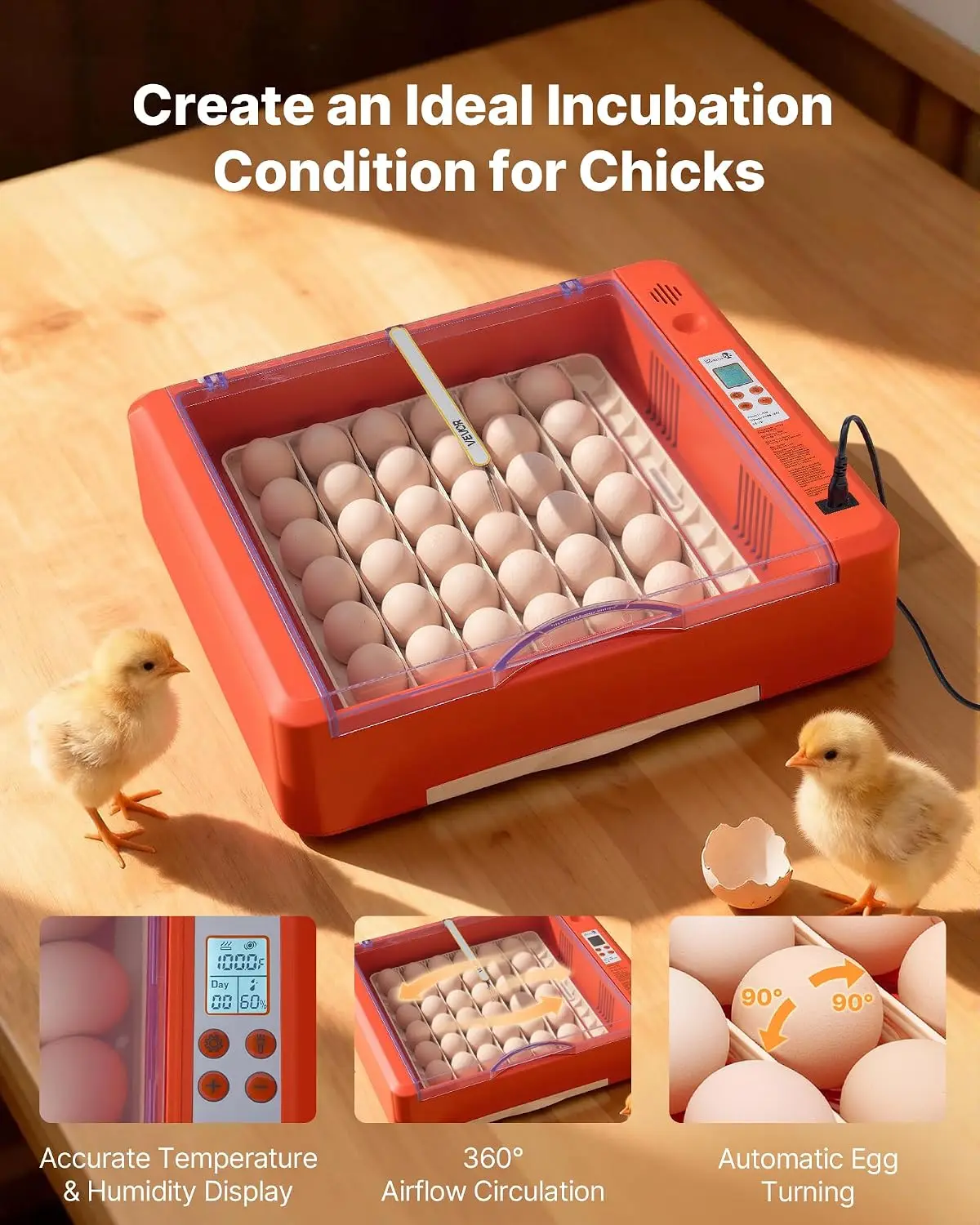 36 Egg Incubator, Automatic Egg Turner with LED Candler & Water Tray, Temperature & Humidity Control, 360° View Clear Window, Po