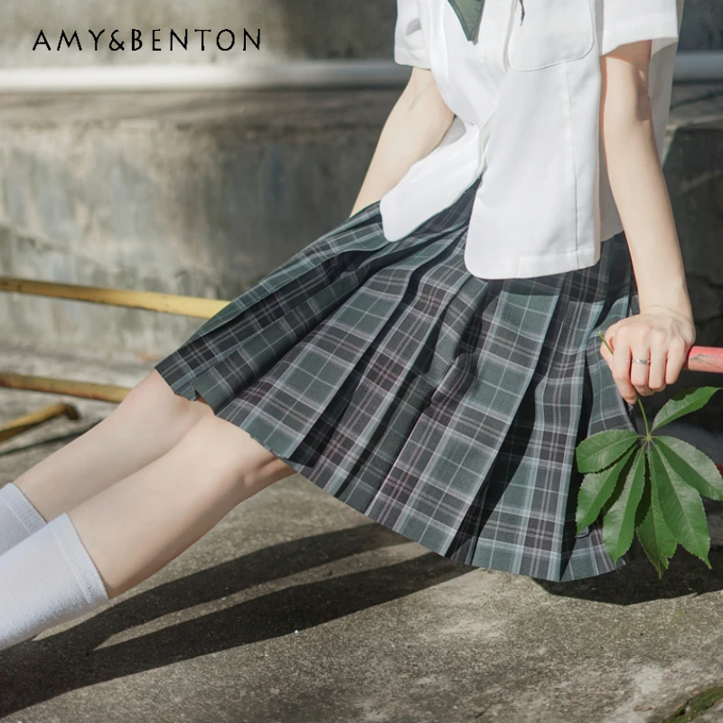 2024 New Japanese Jk Uniform Casual Style Summer Dark Green A Line Waist Slim Fashion Versatile Plaid Skirt For Girls