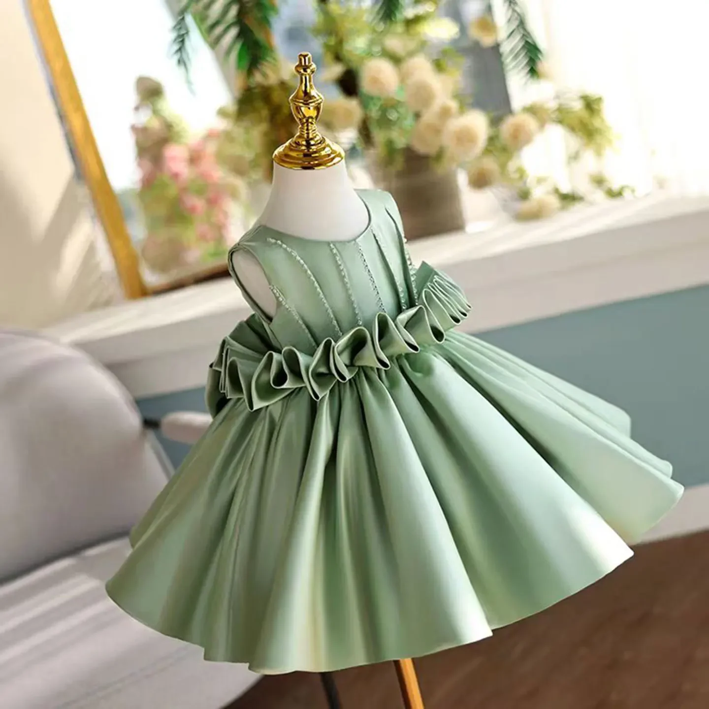 فساتين فتاة الزهور الأميرة الطفل أنيقة حكيم الأخضر فساتين حفلات أعياد الميلاد Vestidos الساتان الاطفال الزفاف دي Novia