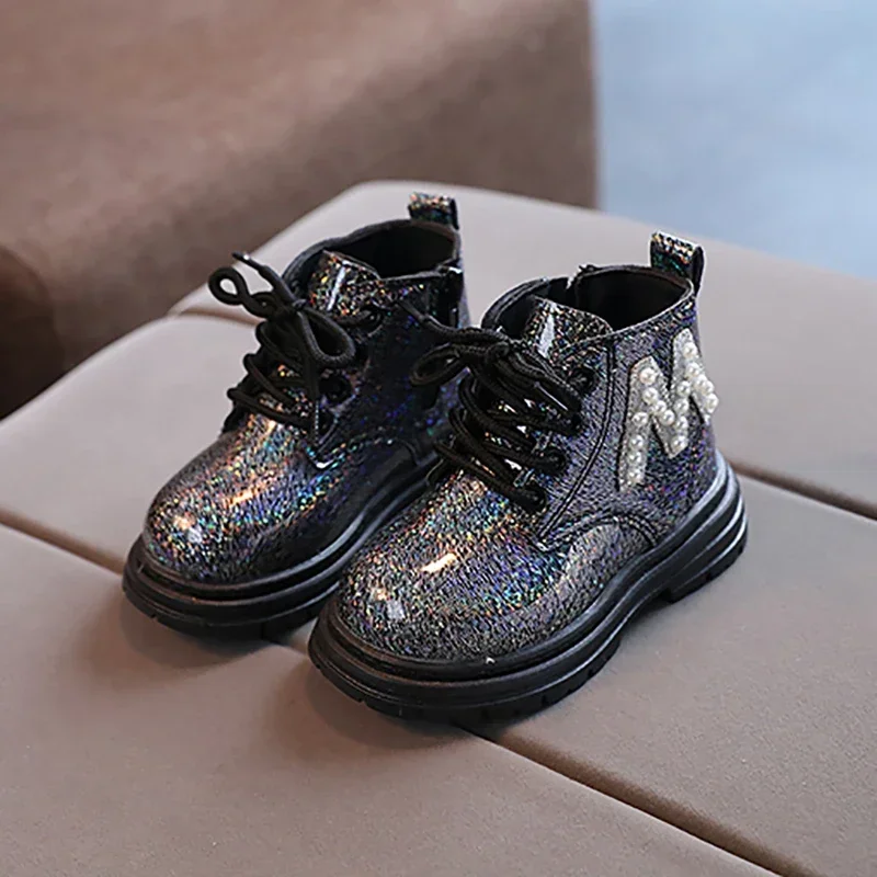 Kids Fashion Rubber Boots Cool Autumn/Winter Cotton soft sole Glitter leather M Pearl Style Zipper Girls\' shoe