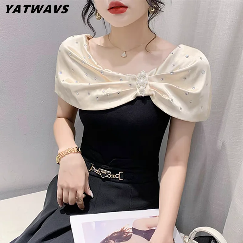 New Summer Short Sleeved Women T-Shirt Fashion Sexy Hot Diamonds Off Shoulder Tops Luxury Beading Sexy Chic Girls Tees Blusas