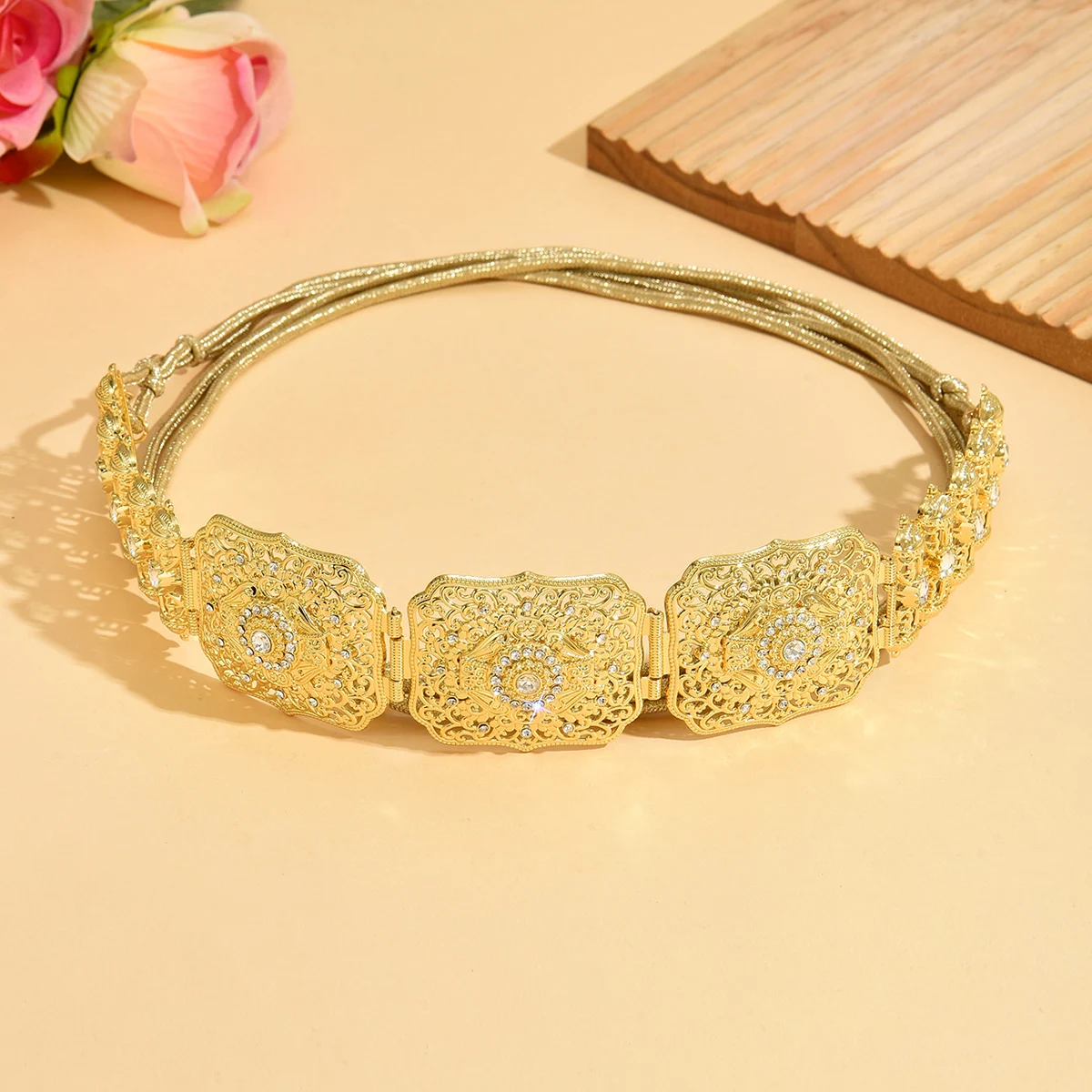 مجوهرات حزام العروس على الطراز المغربي، حبل، سلسلة، معدن مطلي بالذهب، نمط مجوف، حزام أداء فستان الزفاف العتيق