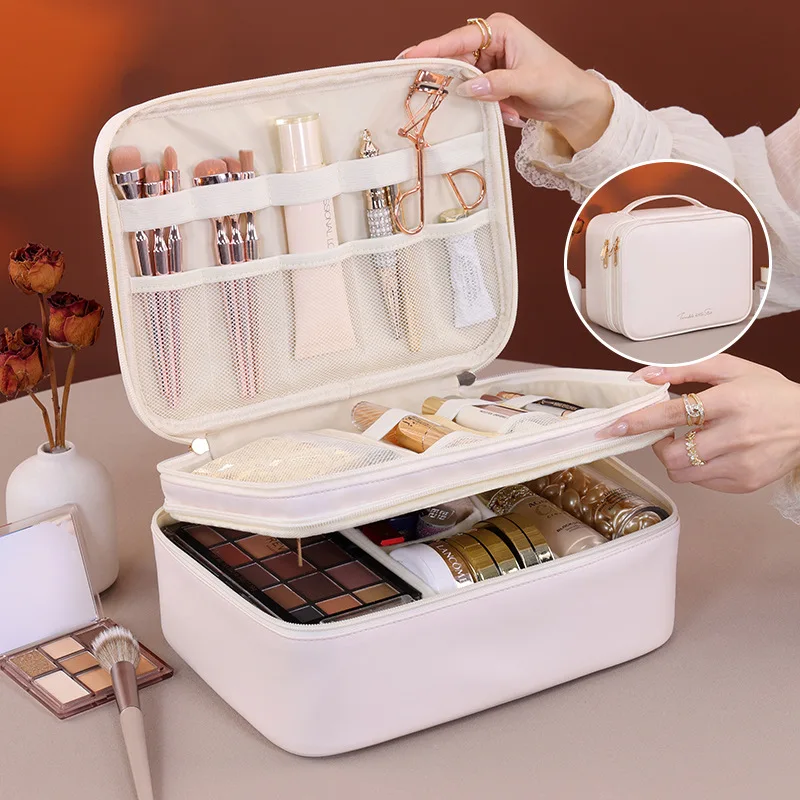 

Двухслойная косметичка из ПУ для женщин, большая вместительная портативная дорожная сумка для хранения, водонепроницаемая сумка-косметичка, косметический органайзер