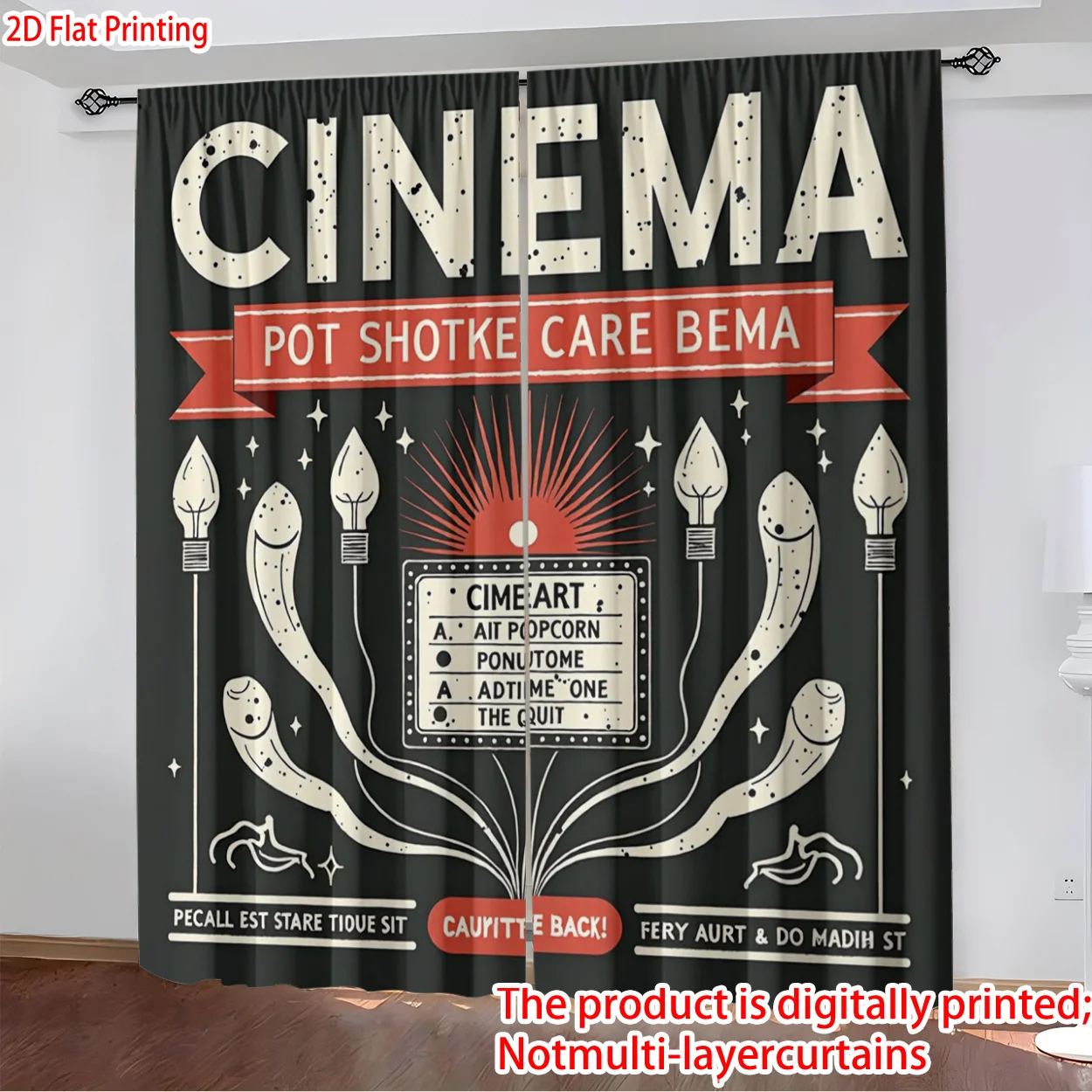 Vintage Cinema Movie Theater Curtain Retro Film Reel Projector Blackout Drapes Hollywood Style Window Treatment for Home Theater