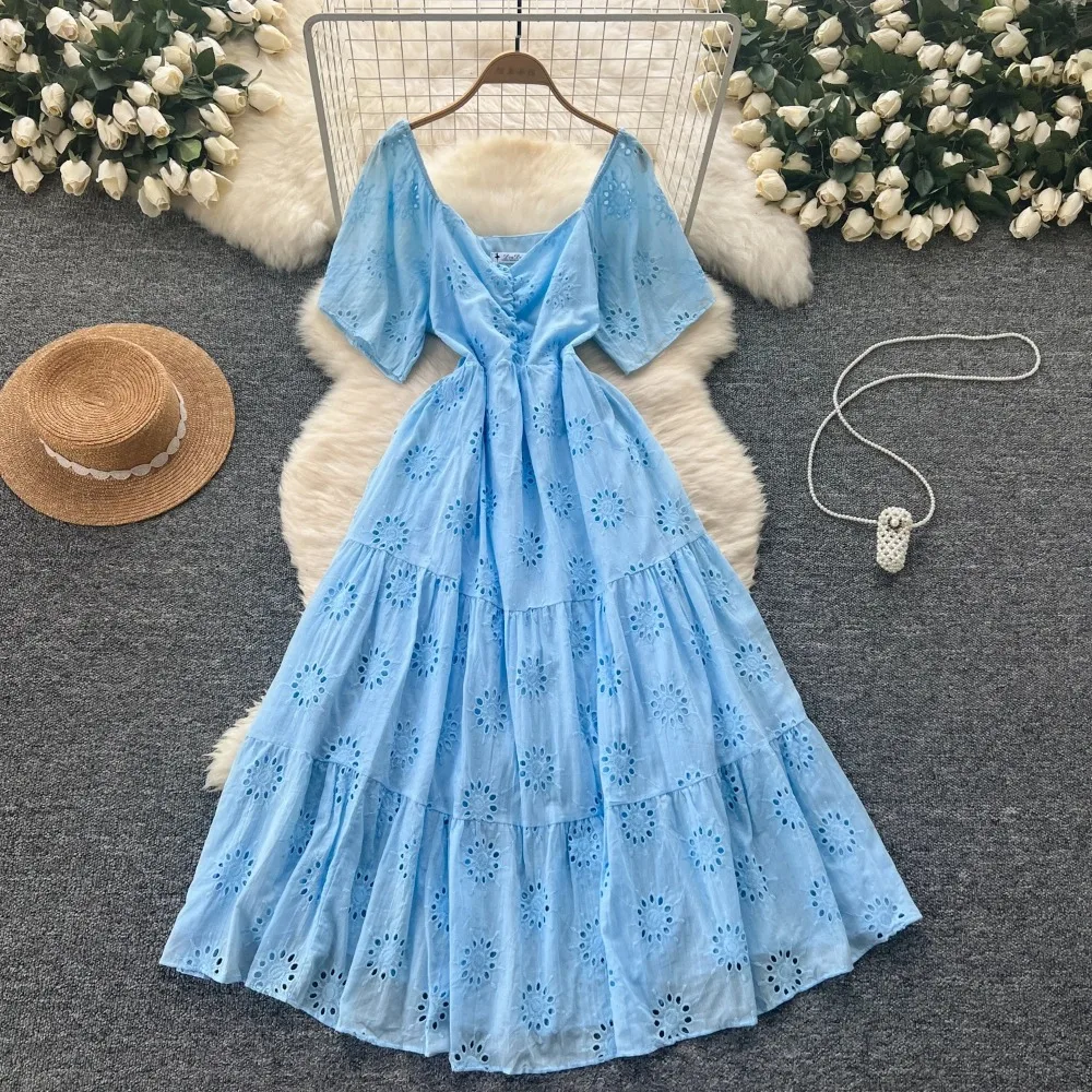 Vintage V-Neck Basics Short Sleeve Chic Hook Flower Hollow Out Embroidered Dresses French Evening Women Fashion Summer Clothing
