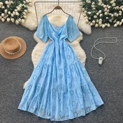 Vintage V-Neck Basics Short Sleeve Chic Hook Flower Hollow Out Embroidered Dresses French Evening Women Fashion Summer Clothing