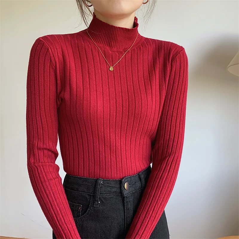 Red Color Casual Women Bottoming Sweater 2024 Spring Casual Basic Stand Neck Long Sleeve Pullovers Knitted Tops