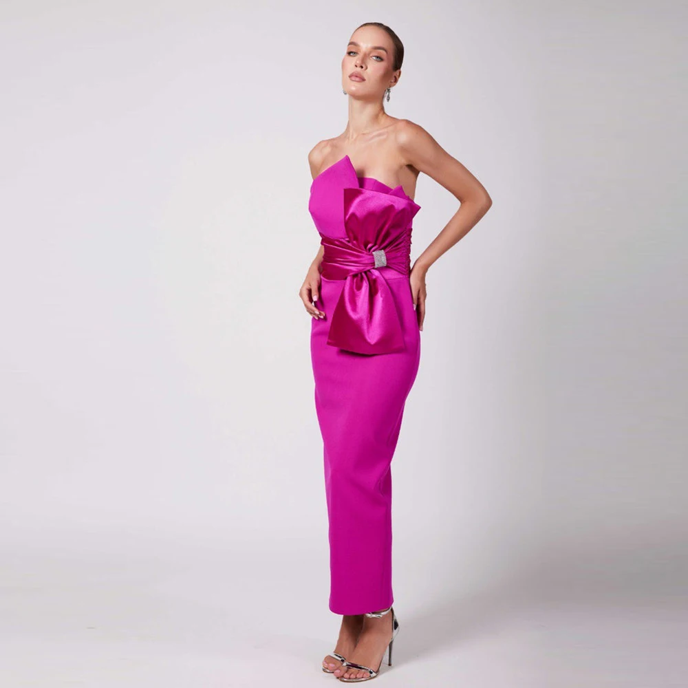 

Formal Elegant Party Dresses Woman Purple Satin Bow Rhinestone Pleat Sheath Strapless Ankle Length Dresses Gowns 2024