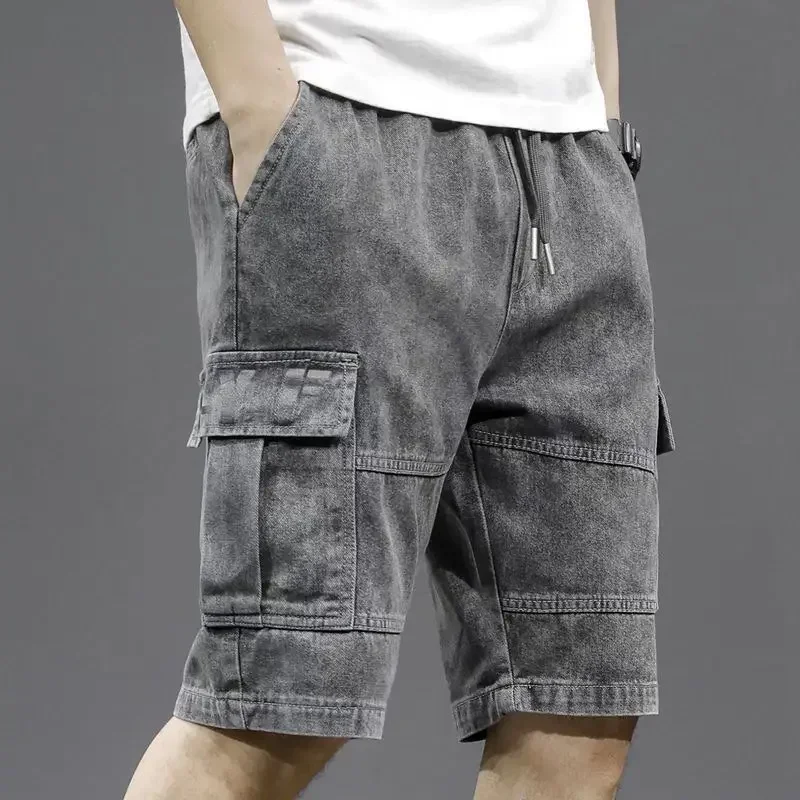 Man Denim Shorts Drawstring with Text Cargo Short Jeans Pants for Men Cut Buttons Cowboy New in Jorts Popular Summer Y2k Fashion