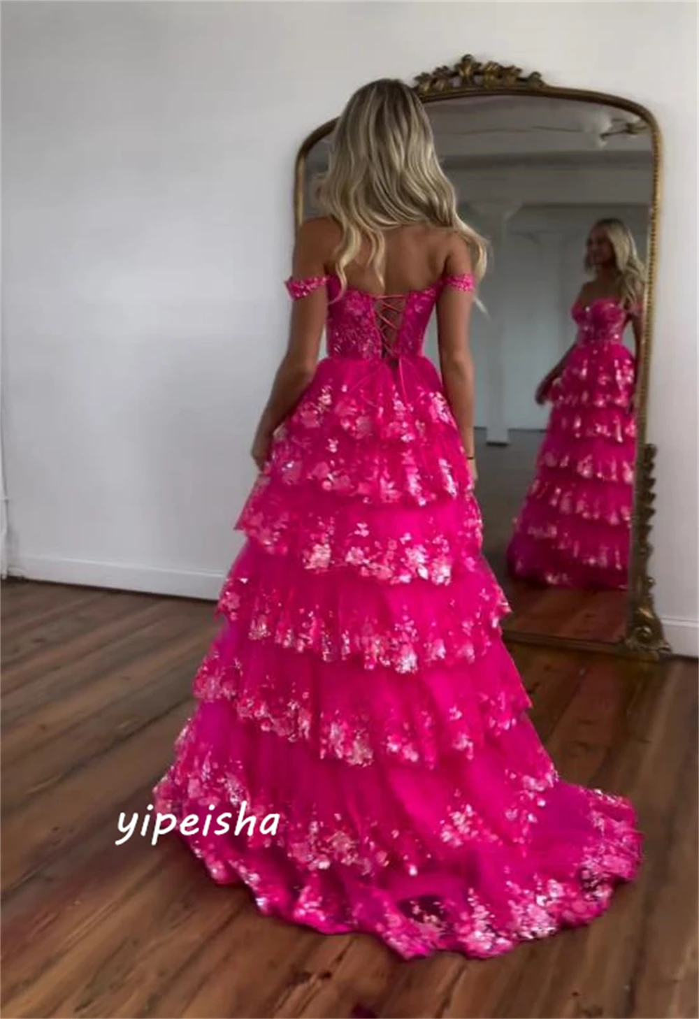 Customized  Sparkle Women Off-the-shoulder Ball Gown Formal Ocassion Paillette / Sequins Floor Length Organza Evening