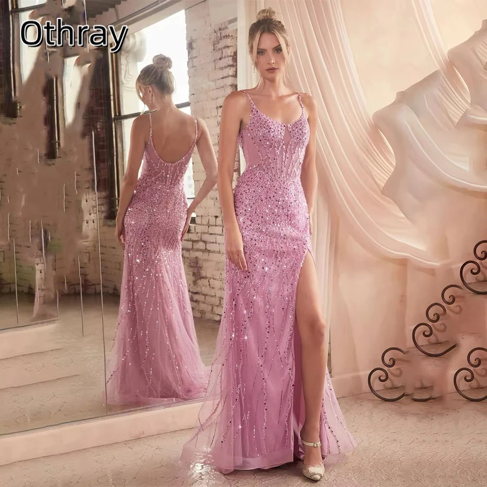 Othray-Robe de Soirée Longue et Sexy en Forme de Sirène, Bretelles Spaghetti, Fendue, Paillettes, Bal de Promo, 123