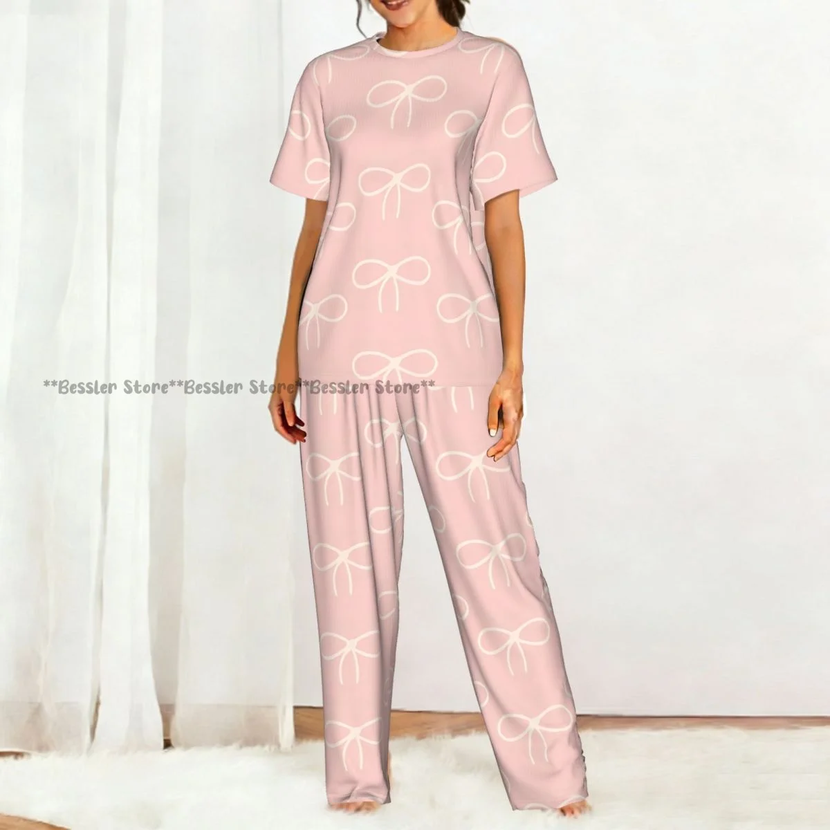 Women's 2-piece set Cute Pink Tones With Bows Pajamas Short sleeved Top and Pants Sleepwear - view 5