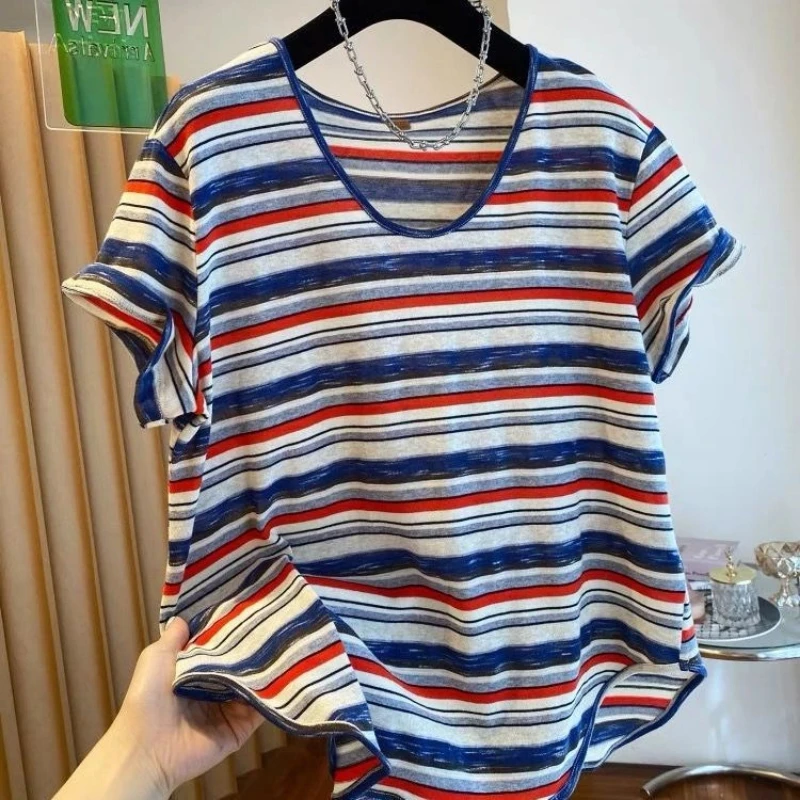 

Thin Plus Size Striped Contrast High Street Tops Summer New Short Sleeve Loose Vintage T Shirts Fashion Casual Women Clothing