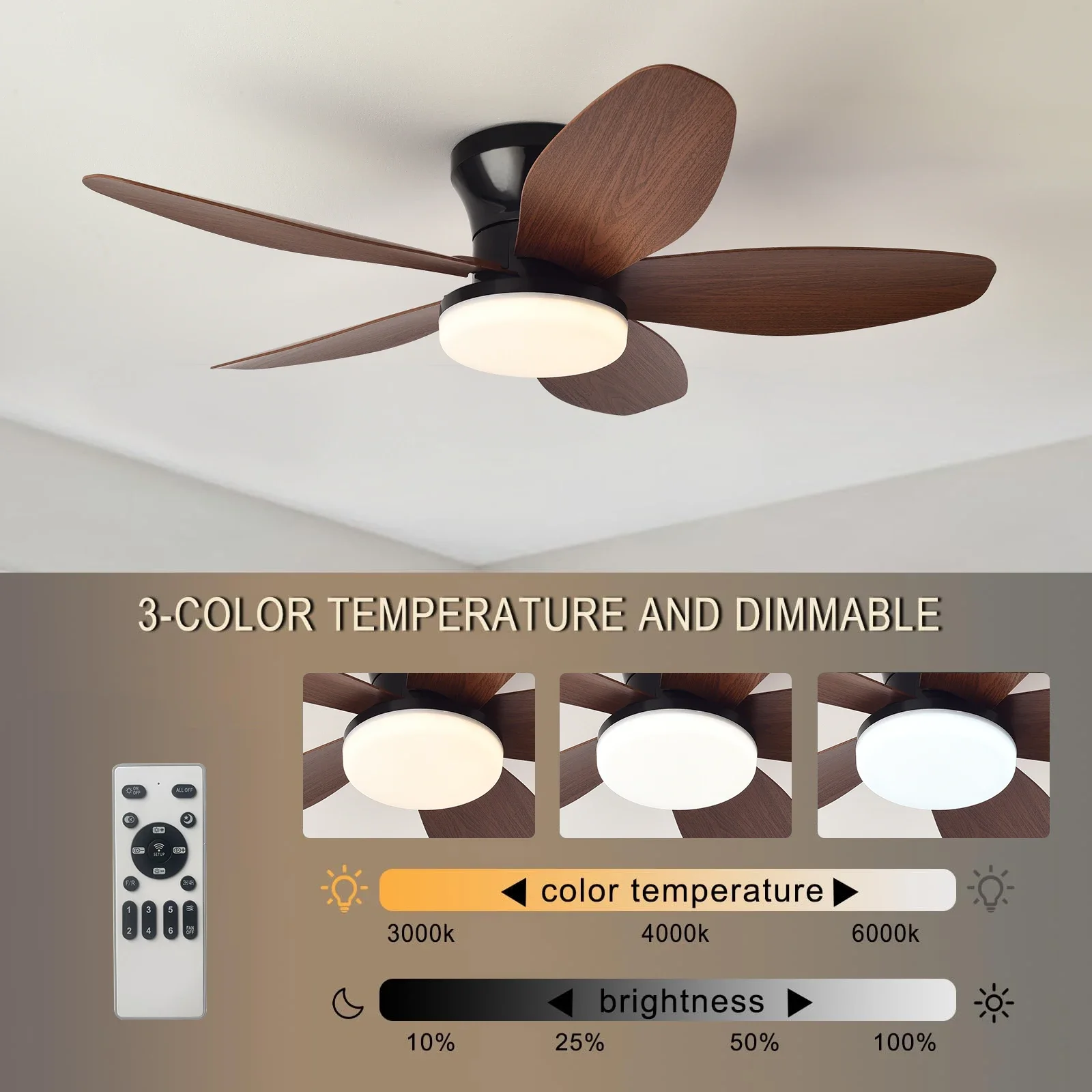 

Flush Mount DC Motor Ceiling Fan with Lights Remote Reversible Quiet Low Profile for Bedroom Living Room Energy Saving
