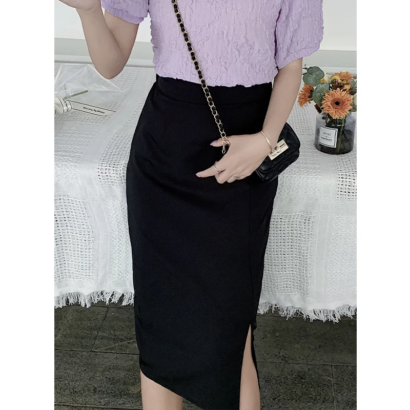 2023 Summer French Romantic Solid Split Elastic Waist Suit Professional Skirt Purple Empire Solid Knee-length Skirts &zipper