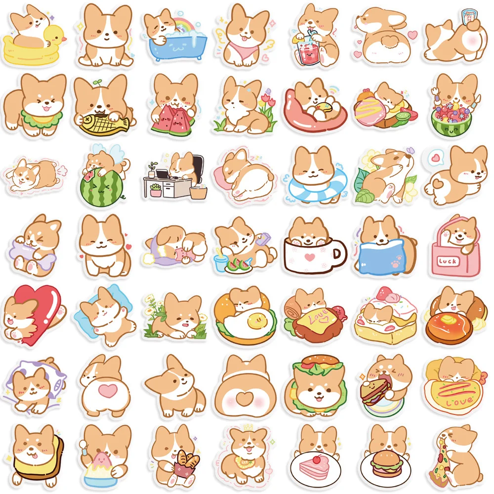 50pcs Aesthetic Transparent Cartoon Corgi Dog Stickers Pack Laptop Phone Case Sticker Scrapbooking Supplies Journal Accessories