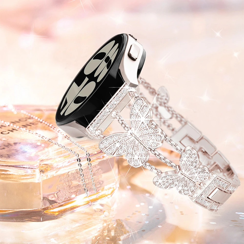22mm Butterfly Watch Strap For Samsung Galaxy Watch 3 45mm 46mm Gear S3 Stainless Steel Watchband Fashion Rhinestone Bling Band