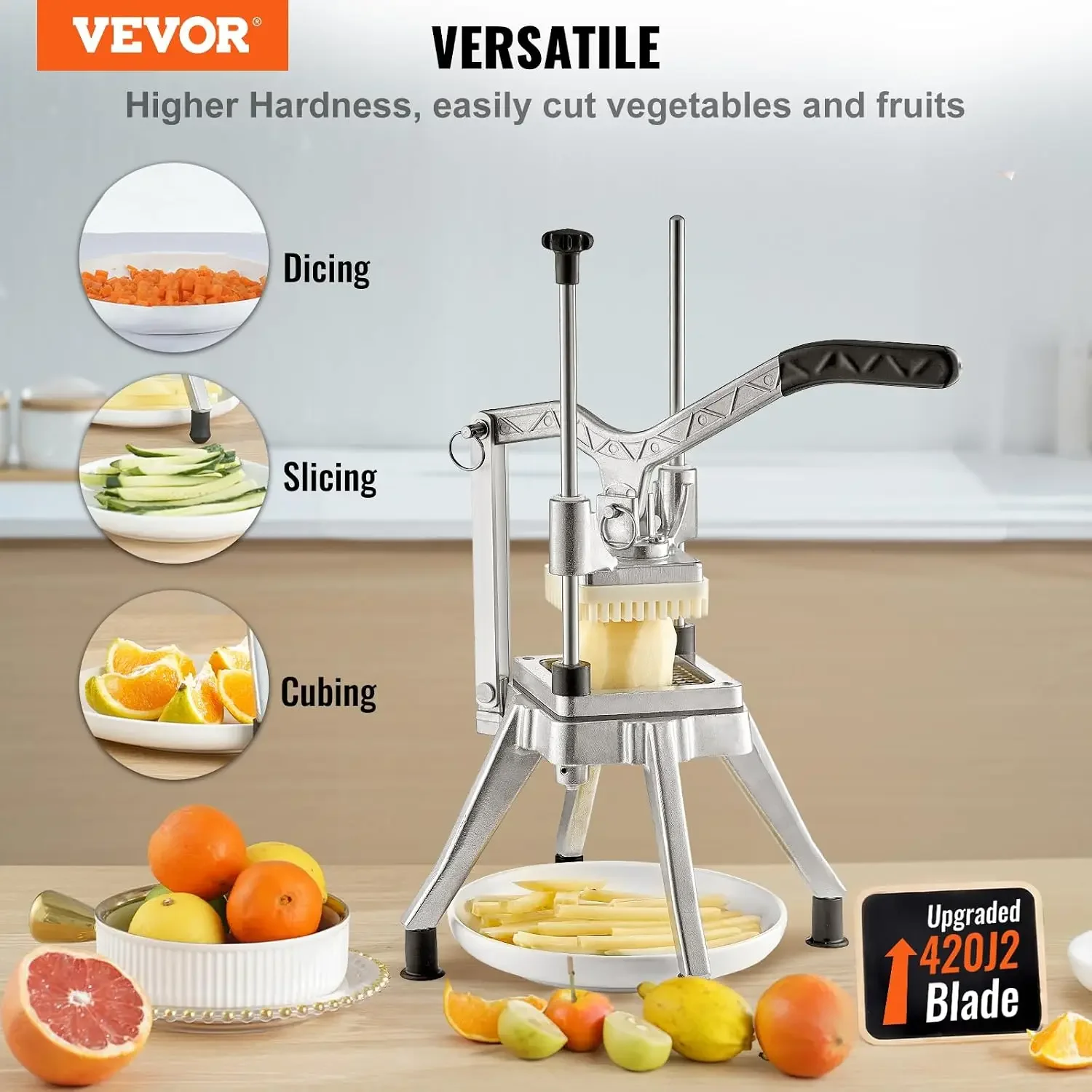 Commercial Vegetable Chopper w/ 4 Replacement Blades, Stainless Steel French Fry Cutter Potato Dicer & Fruit Slicer for Restaura
