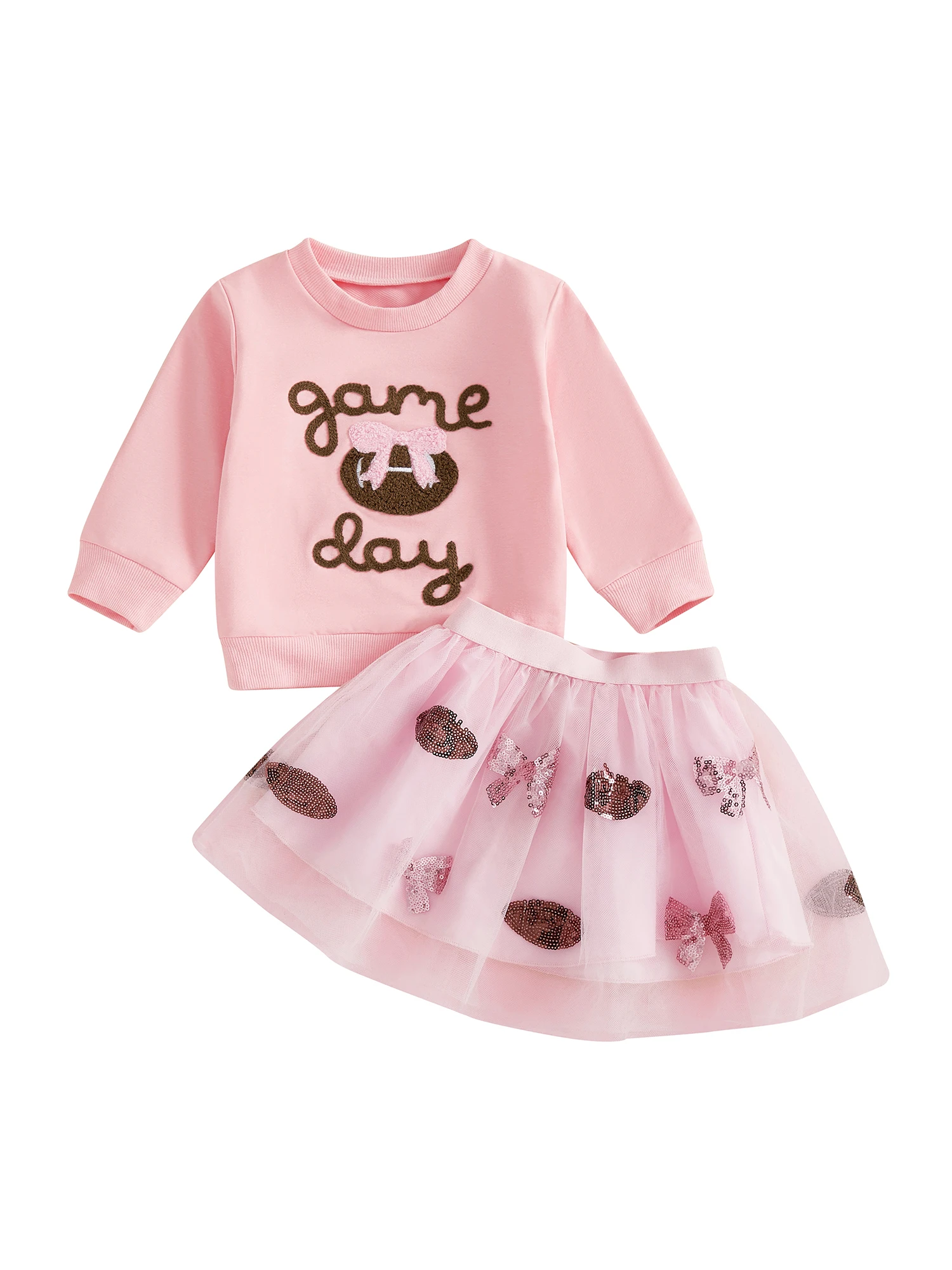 

Adorable Infant Girls Outfit with Sparkling Sequins Tulle Skirt and Rugby Bow Embroidery Pullover - 2 Piece Set for Toddlers