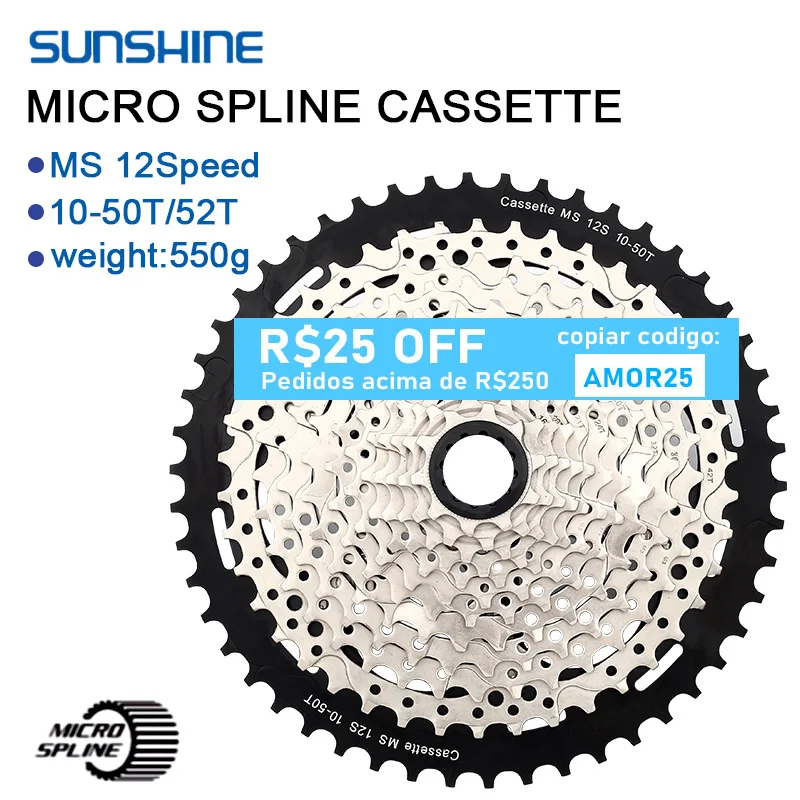 SUNSHINE 12 velocidades MS Cassete 10-50T/52T MTB Micro Spline K7 12V Shimano M6100 118 Links Corrente para Roda dentada M8100 M9000 M9100