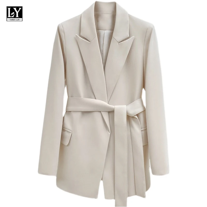 LY VAREY LIN New Spring Women Turn-down Collar Sash Tie Up Blazer Elegant Office Lady Beige Black Long Sleeve Blazer with Belt