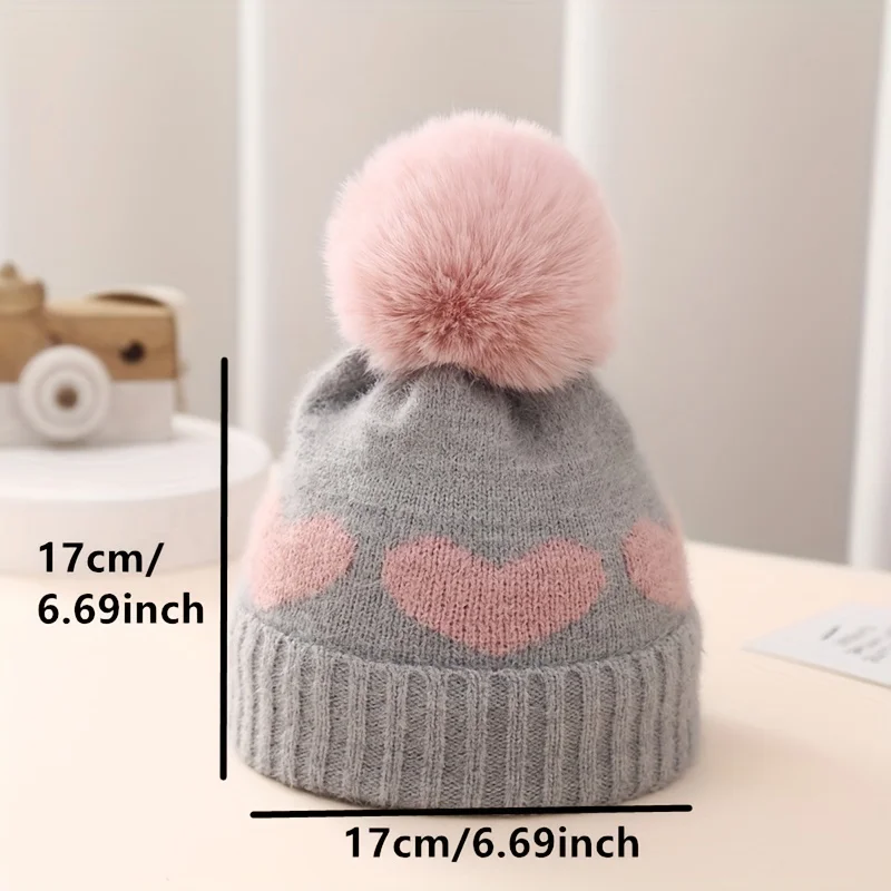 Winter Baby Hat, Cute Heart Shaped Pom Pom Knitted Hat, Warm, with Ear Protection, Stretchy Woolen Hat-For 0-12 Months Baby Girl