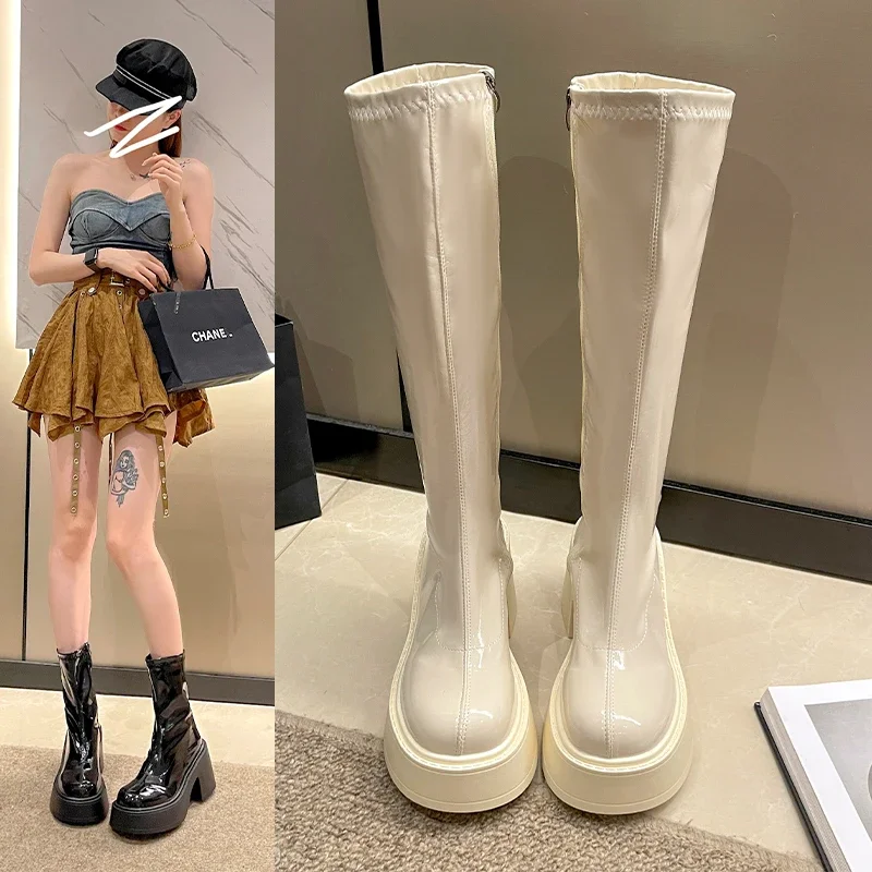 White Women\'s Long Boots High Heel Thick Sole V-shape Knight Boots For Slimming Legs Petite Calf Fashionable Footwear