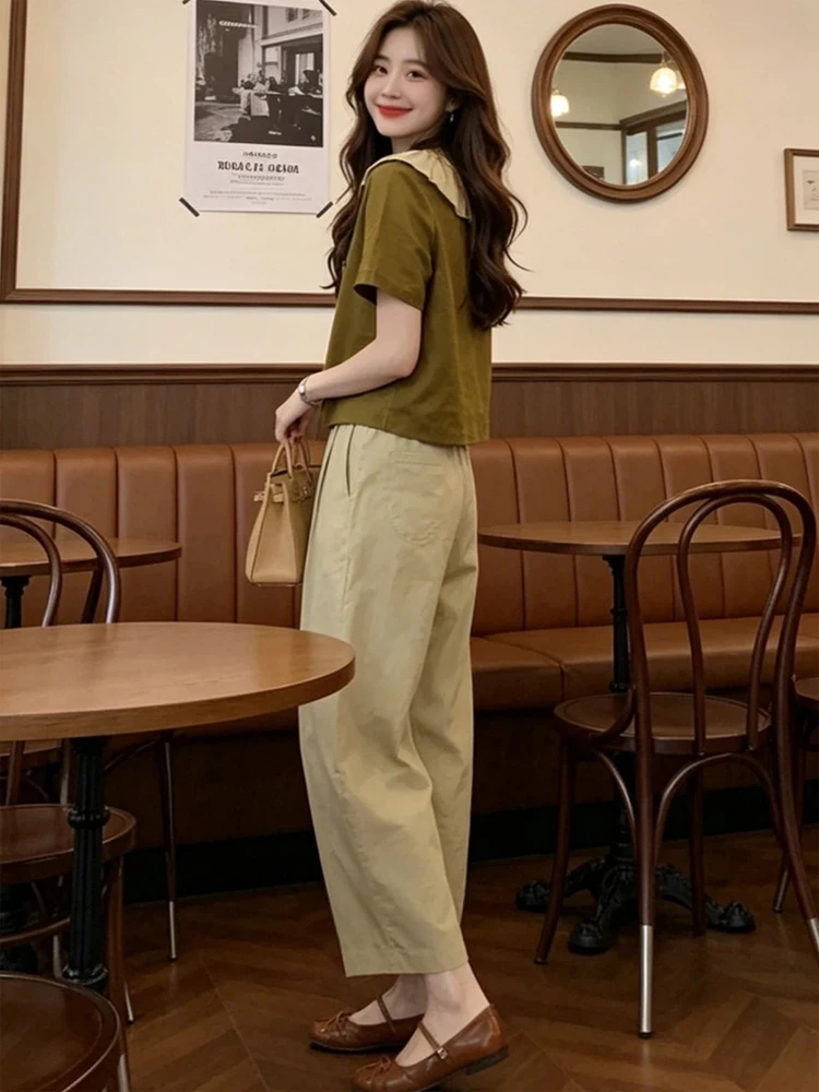 Retro Hong Kong Style Women's Summer 2026 Casual Short Sleeve Shirt And Wide Leg Pants Two-Piece Set Breathable Polyester